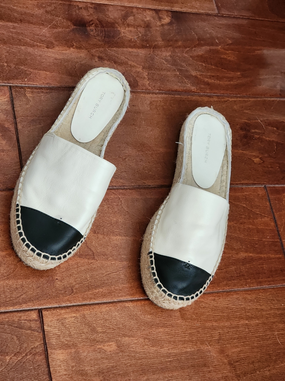 Tory Burch Two-Tone White and Black Leather Espadrille Mules